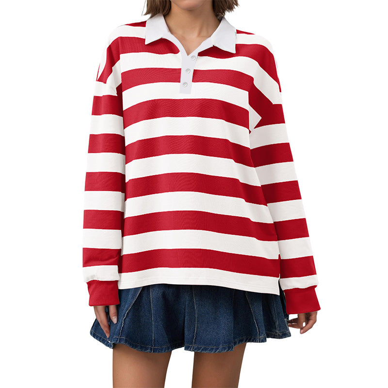 Women's Oversized Striped Polo Shirt Long Sleeve