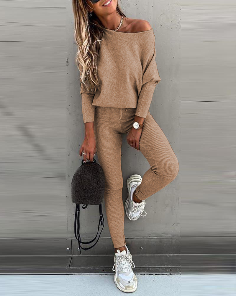 Women's Off Shoulder Ribbed Two Piece Lounge Set
