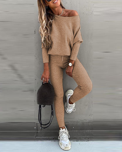 Women's Off Shoulder Ribbed Two Piece Lounge Set