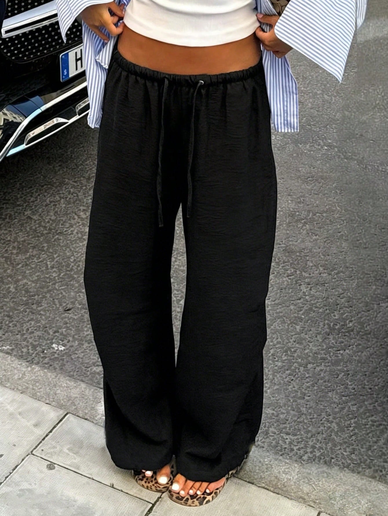 Women Wide Leg Pants Drawstring Elastic Waist Pockets