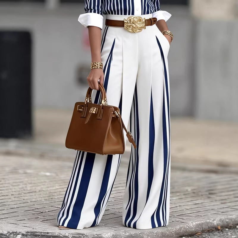 Women Striped High Waist Straight Leg Pants Color Block