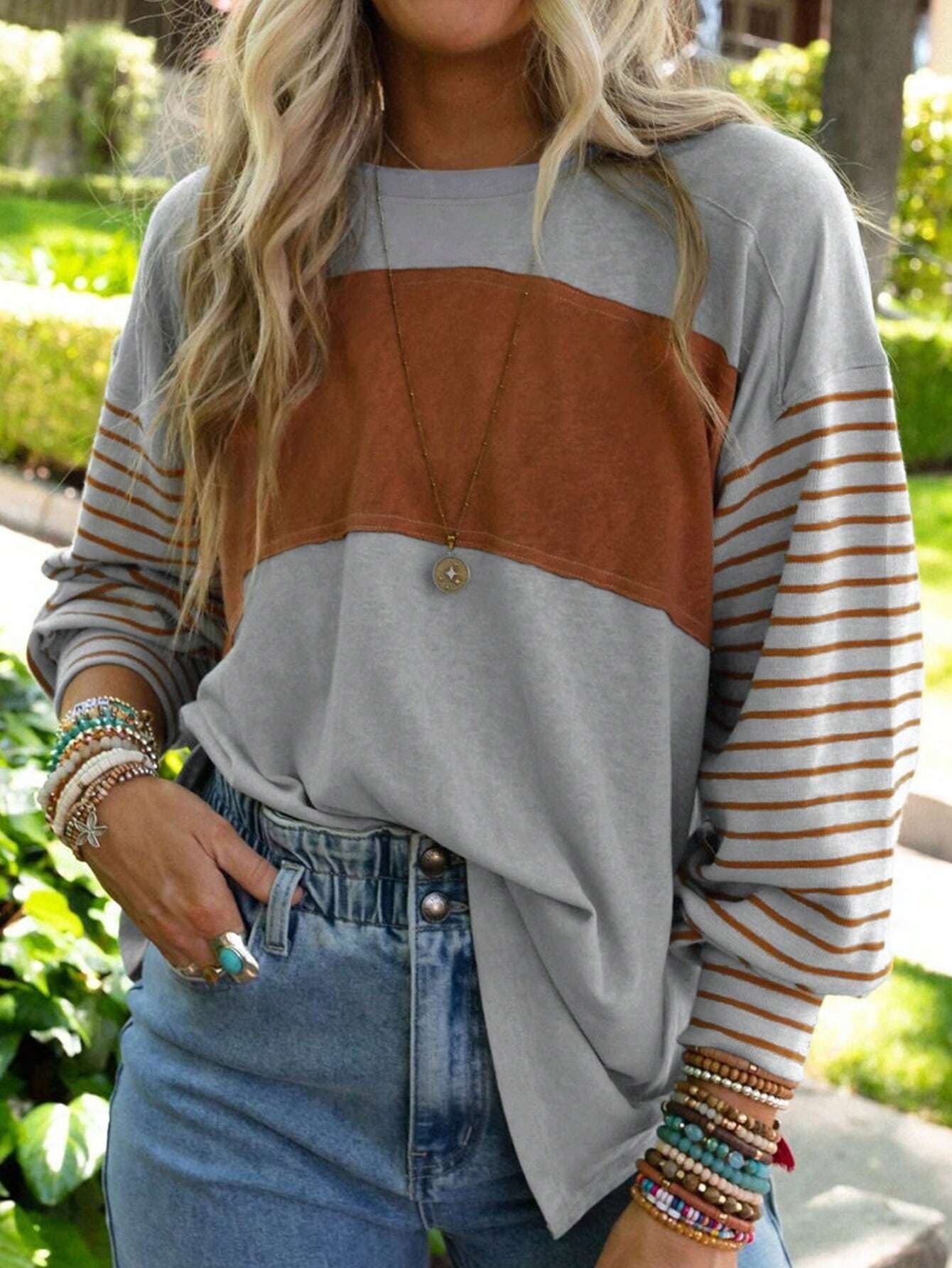 Round Neck Striped Contrast Long Sleeve Casual T-Shirt