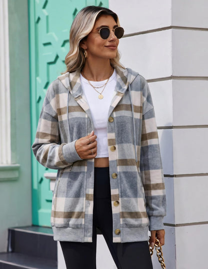 Women's Oversized Hooded Plaid Shacket Jacket