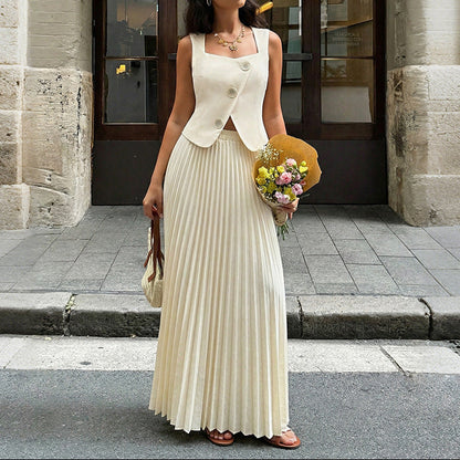 Sleeveless Solid Polyester Dress Set Pleated Summer Outfit