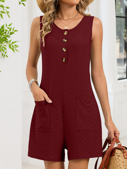 Textured Button Tank Romper Sleeveless Pocket Lounge Set