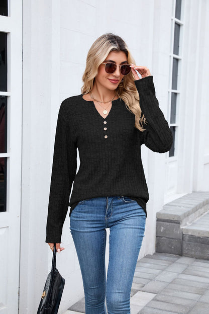 Women's Waffle Knit V Neck Button Long Sleeve Oversized Top