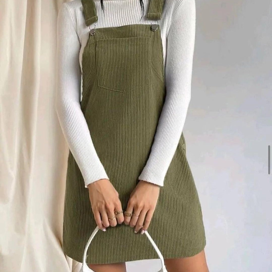 Womens Corduroy Overall Dress Sleeveless Loose Mini Jumper