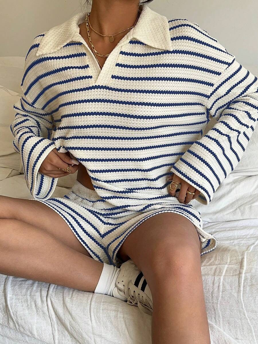 Striped Polo Lounge Set Long Sleeve Top & Shorts Set