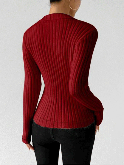 Women's Ribbed Knit Collared V Neck Long Sleeve Top