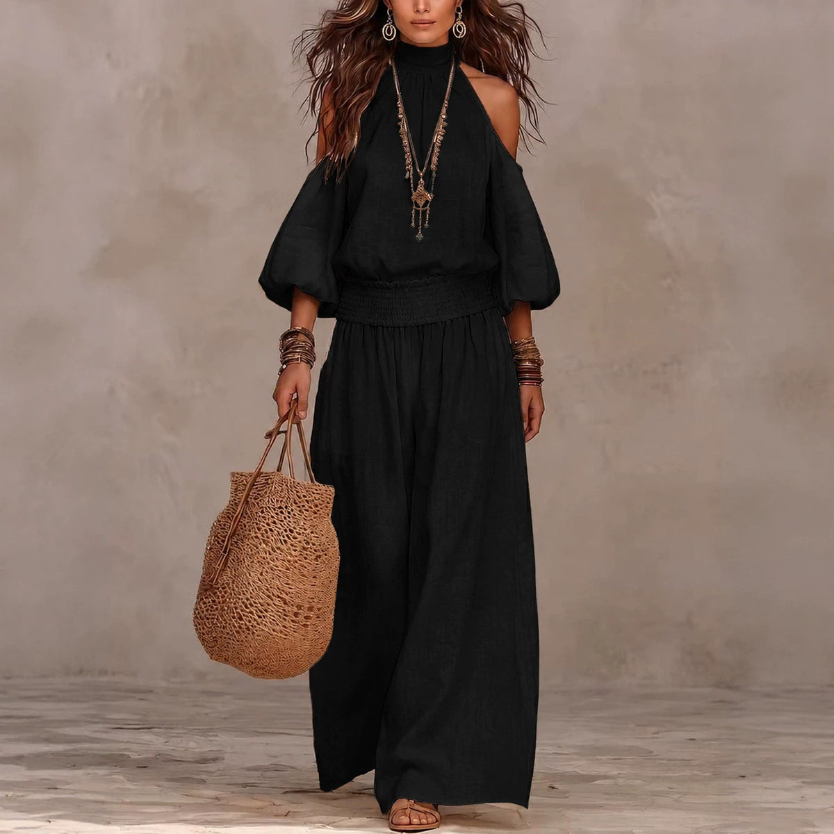 Women's Cold Shoulder Smocked Wide Leg Pants Two Piece Set