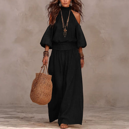 Women's Cold Shoulder Smocked Wide Leg Pants Two Piece Set