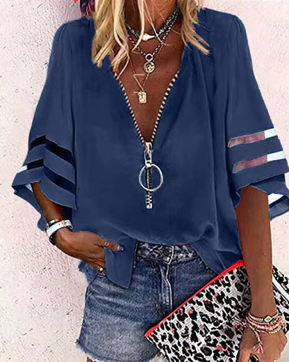 Summer V-Neck Zipper Shirt Half-Flared Sleeve Grid Splicing