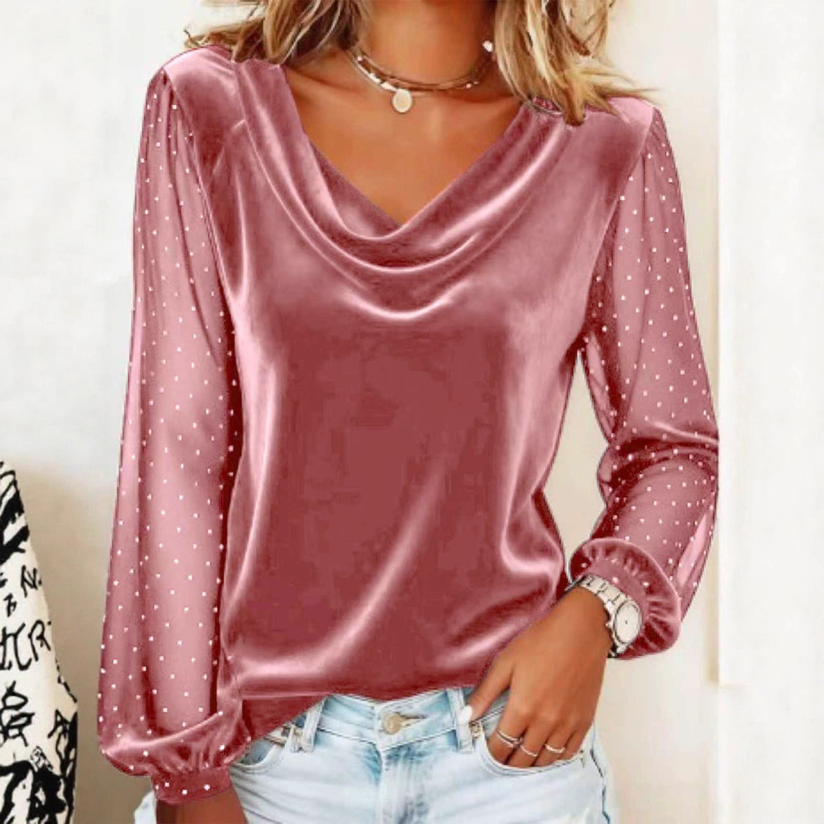Women's Velvet Cowl Neck Sheer Rhinestone Puff Sleeve Top