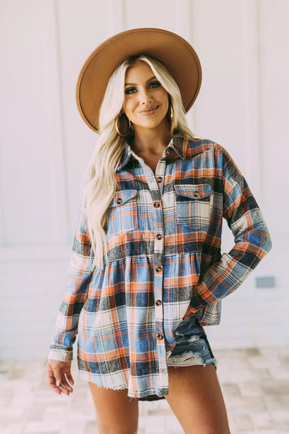 Plaid Lapel Long-Sleeve Casual Shirt with Pockets