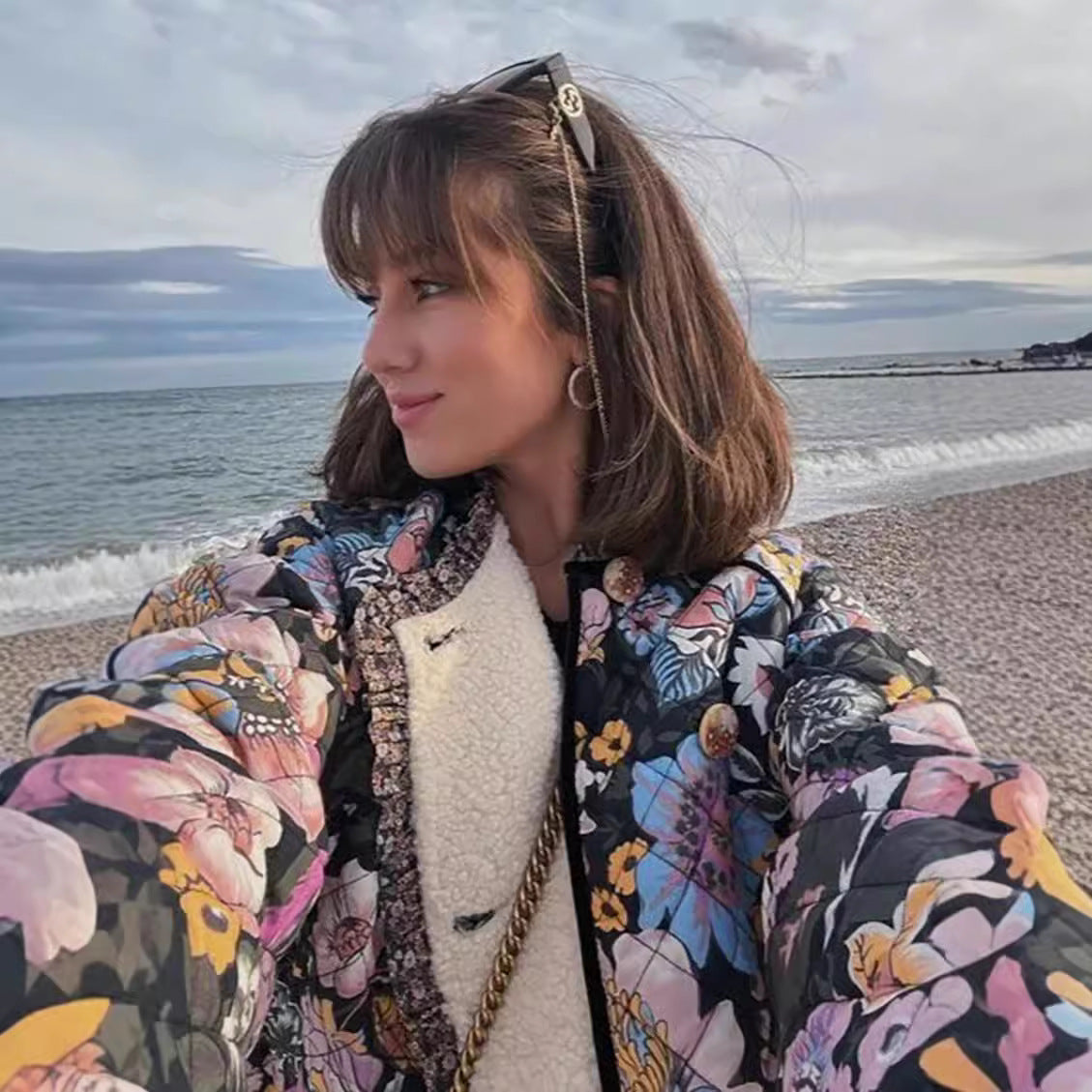 Women's Floral Quilted Jacket Bell Sleeve Sherpa Lined