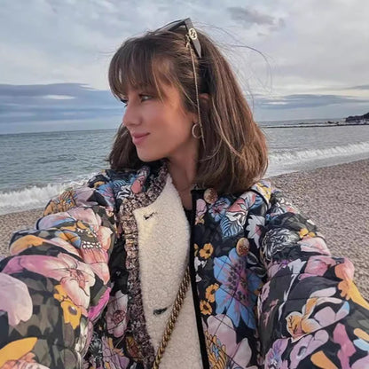 Women's Floral Quilted Jacket Bell Sleeve Sherpa Lined