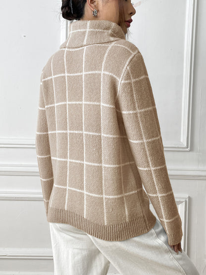 Women's Long Sleeve Bottom Shirt Contrast Checked Turtleneck