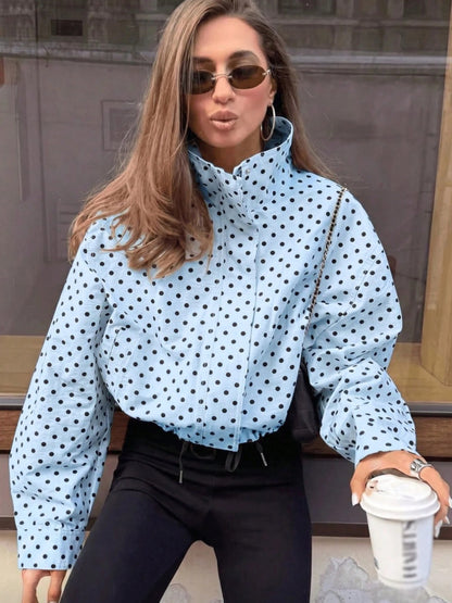 Women Polka Dot Zip Jacket Stand Collar Long Sleeve Pockets
