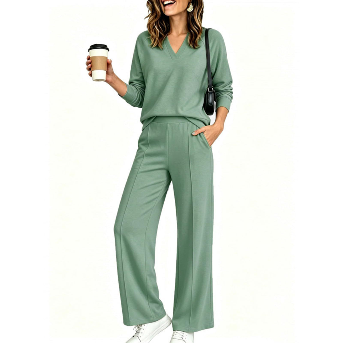 Women's V-Neck Top Wide Leg Pants 2 Piece Set