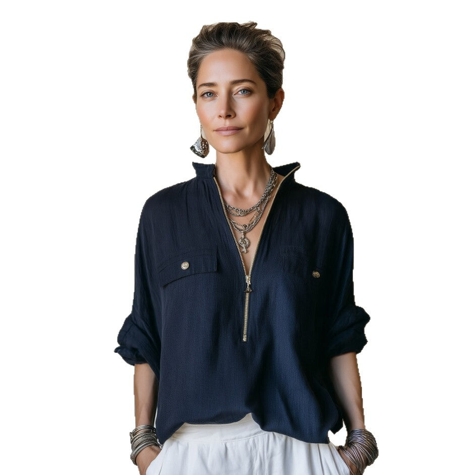 Women's Textured Half Zip Mock Neck Long Sleeve Blouse