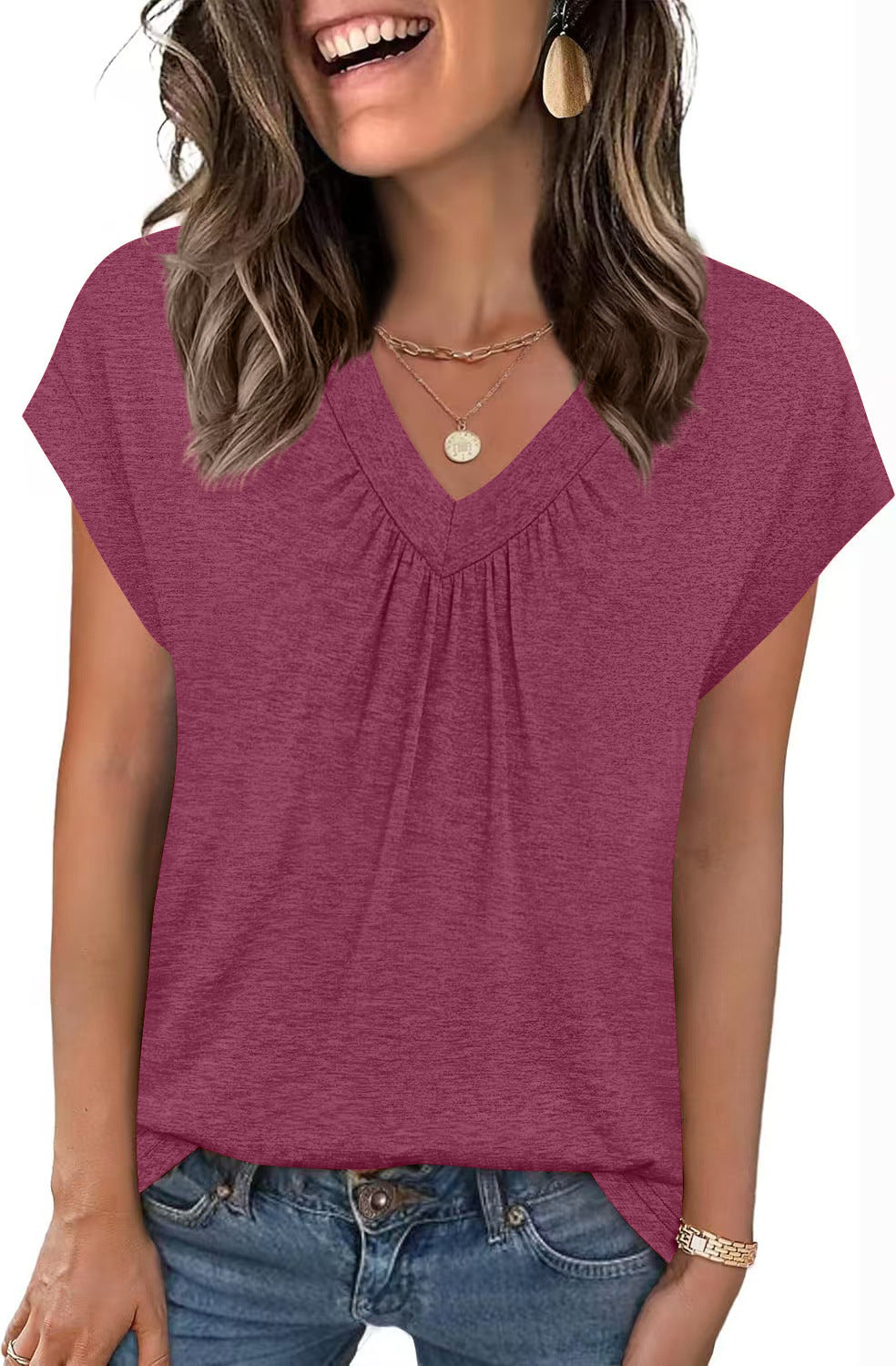 V-Neck Loose Fit Top – Casual Summer Short Sleeve Tee