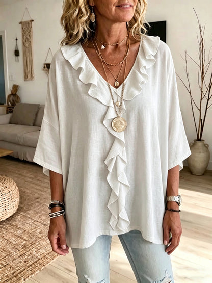 Women's Ruffle V Neck 3/4 Sleeve Casual Blouse Top