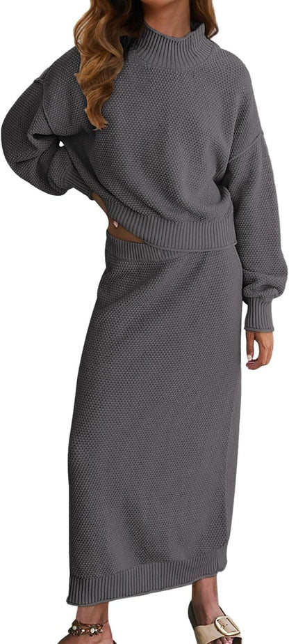 Women's Knit Two Piece Set Mock Neck Sweater Midi Skirt