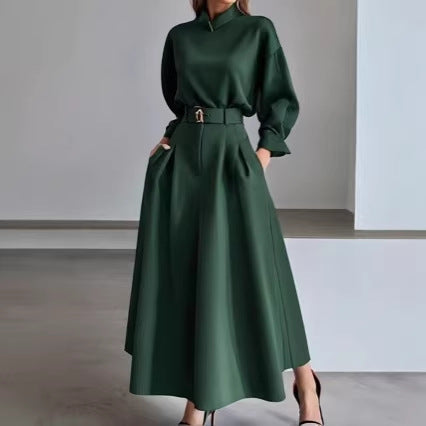 Women's Belted Long Sleeve Blouse Maxi Skirt Two Piece Set