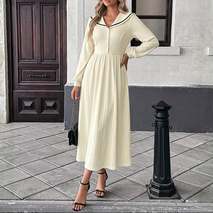 Solid Contrast Trim Sailor Collar Button Midi Dress