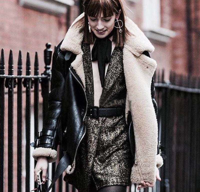 Women Faux Suede Sherpa Jacket Moto Biker Coat