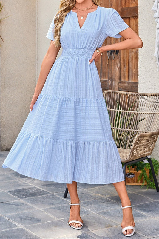 Solid Cotton Maxi Dress V Neck Puff Sleeve Smocked Dress