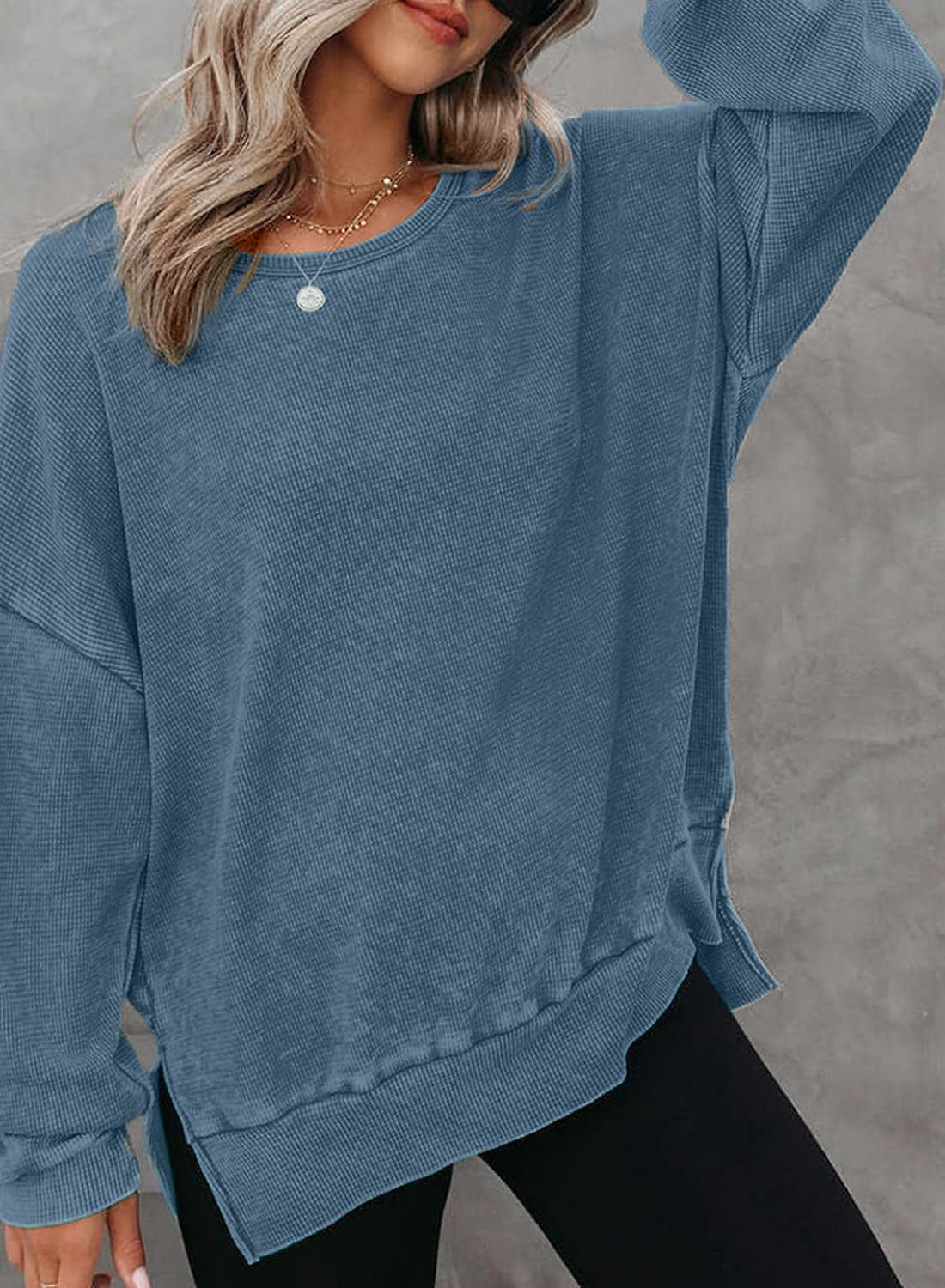 Waffle Split Hem Sweatshirt Women Casual Long Sleeve Top