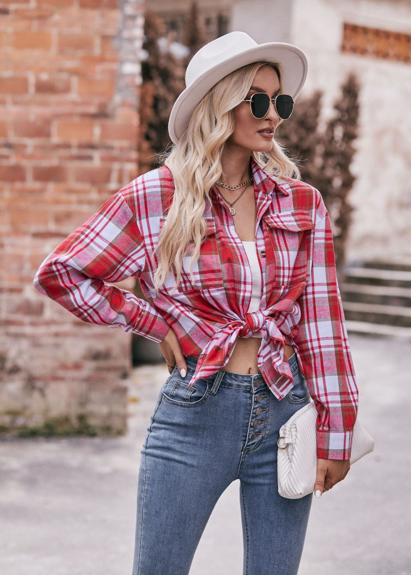 Women's Red Plaid Button Down Long Sleeve Casual Shirt