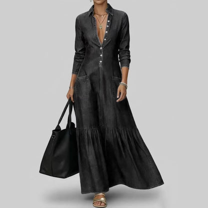 Vintage Denim Shirt Dress Button Front Maxi Collar