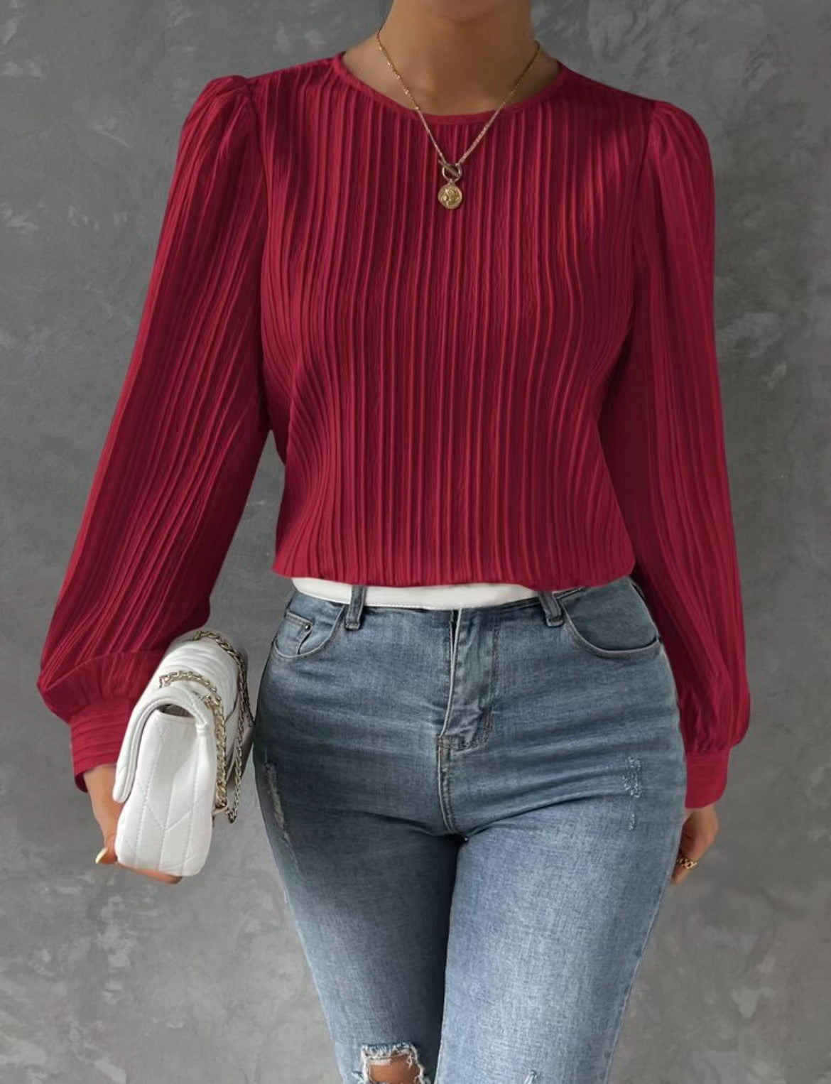 Women's Balloon Sleeve Pleated Blouse Round Neck Top