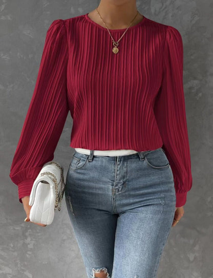 Women's Balloon Sleeve Pleated Blouse Round Neck Top