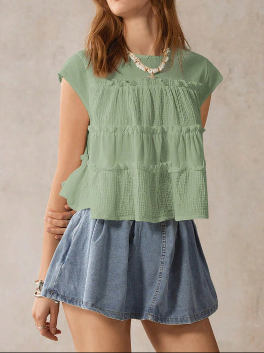 Cotton Tiered Babydoll Blouse Loose Ruffle Summer Top