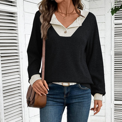 Colorblock V Neck Sweater Women Casual Knit Pullover Top