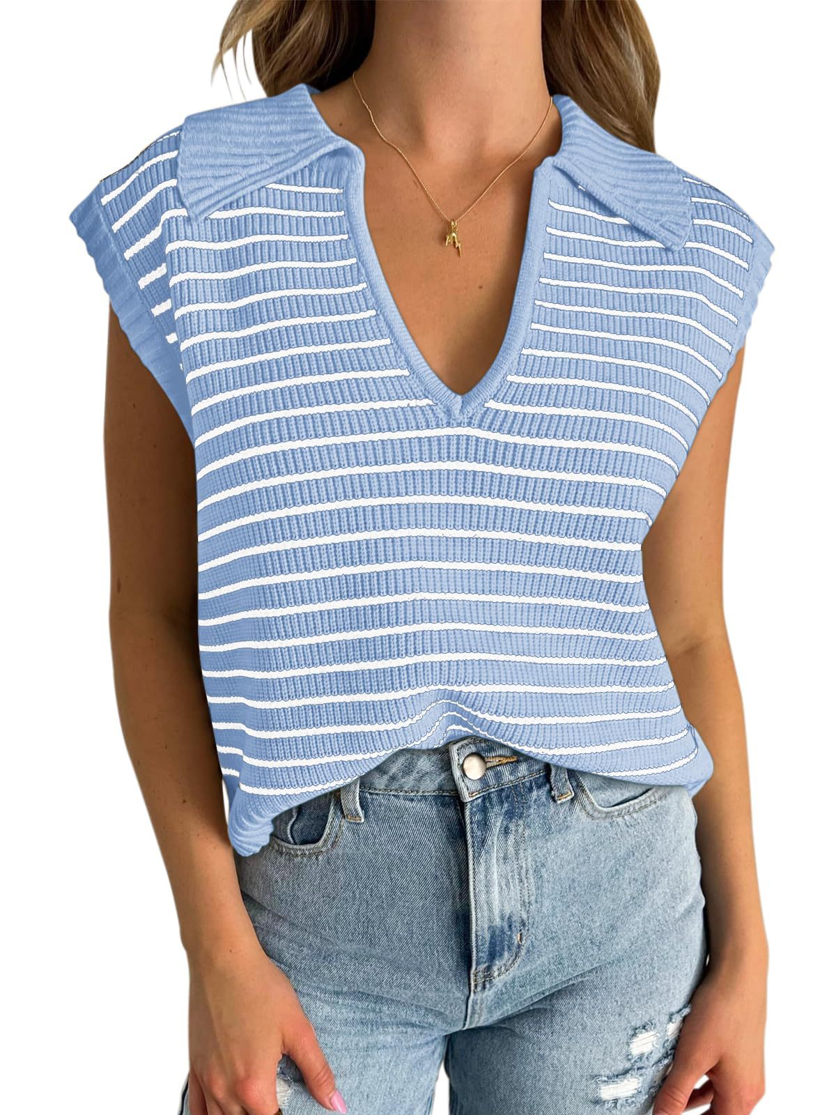 V-Neck Striped Knit Sweater, Casual Lapel Top