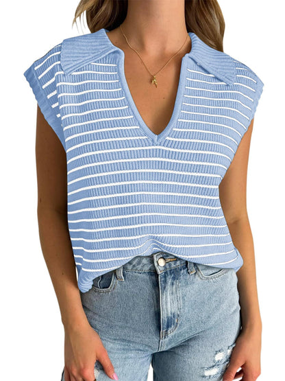 V-Neck Striped Knit Sweater, Casual Lapel Top