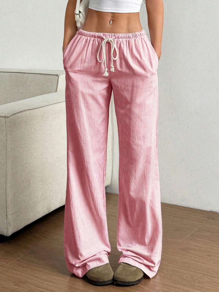 Women's Striped Wide Leg Drawstring Casual Pants