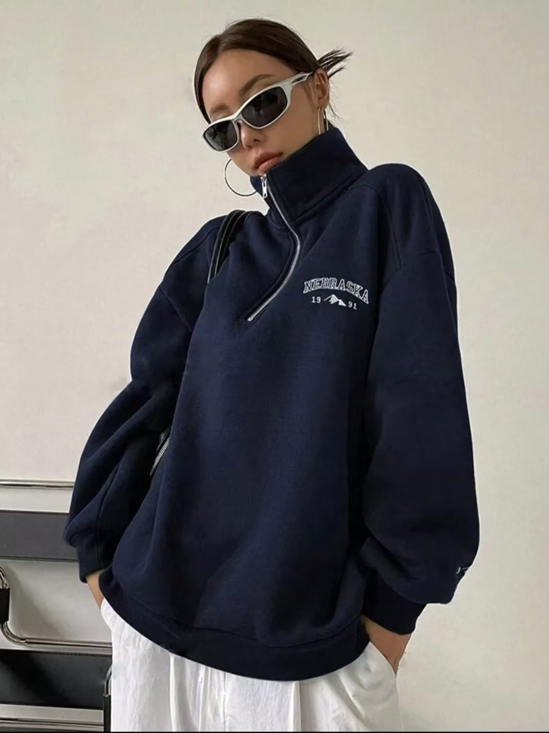 Women's Oversized Half Zip Embroidered Sweatshirt Pullover
