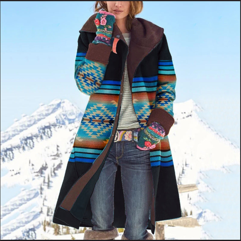 Women's Aztec Print Long Winter Wool Coat