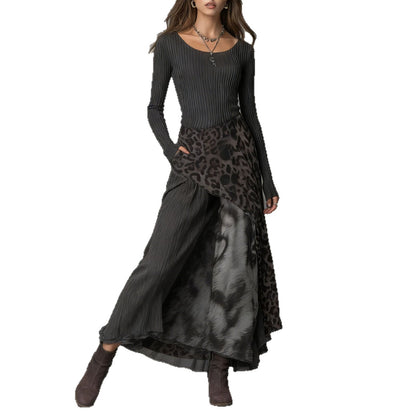 Leopard Long Sleeve Asymmetrical High Waist Maxi Dress