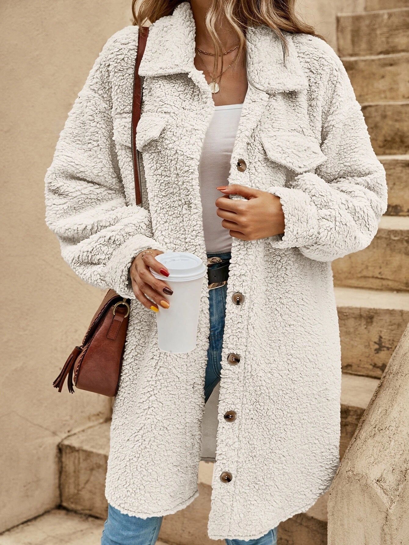 Women's Long Sherpa Jacket Button Down Collared Coat