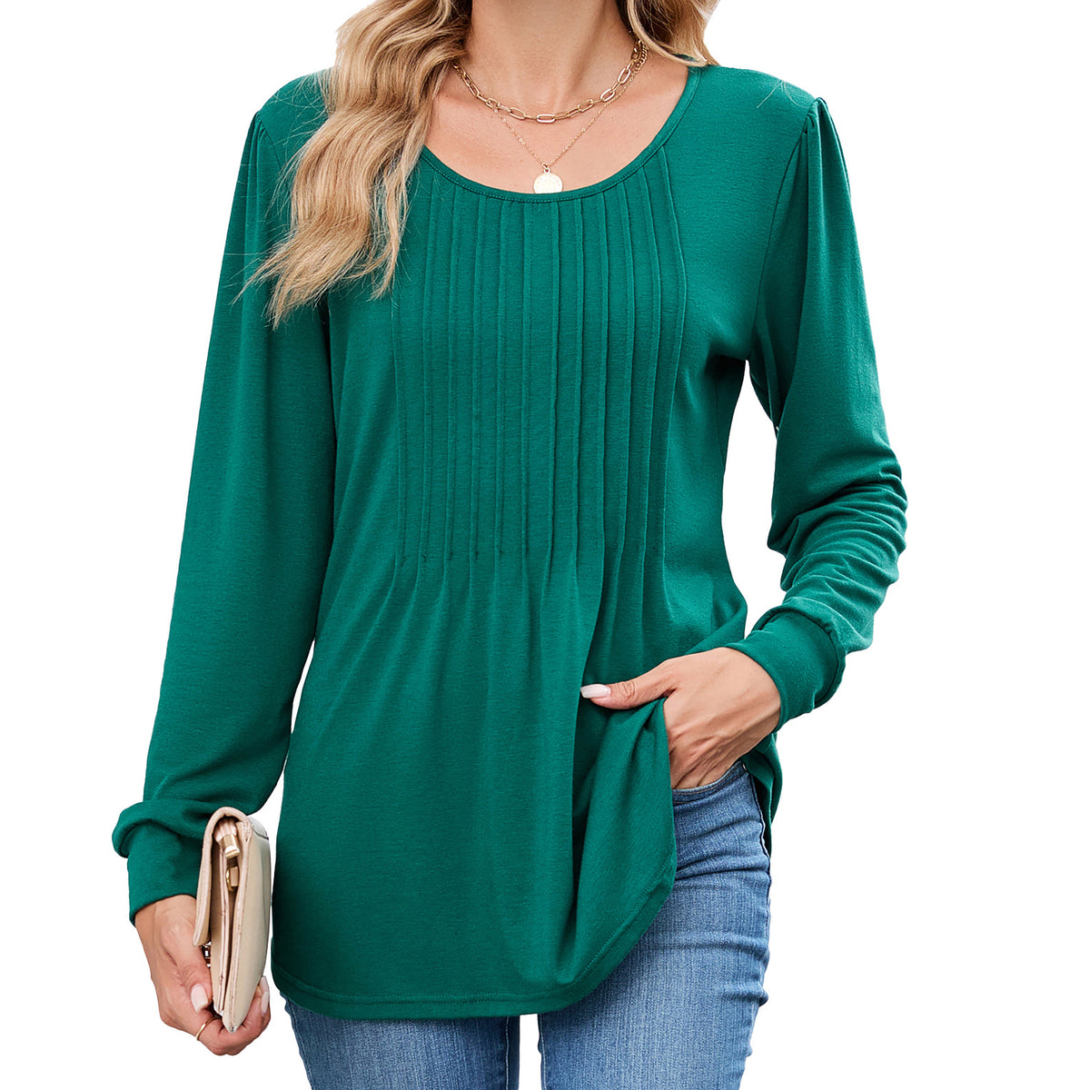 Women's Long Sleeve Pleated Tunic Top Loose Casual Blouse