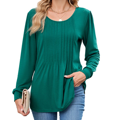 Women's Long Sleeve Pleated Tunic Top Loose Casual Blouse