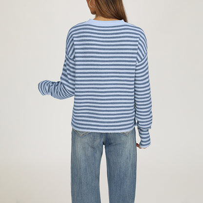 Striped Knit Sweater with Scarf Detail Crew Neck Pullover