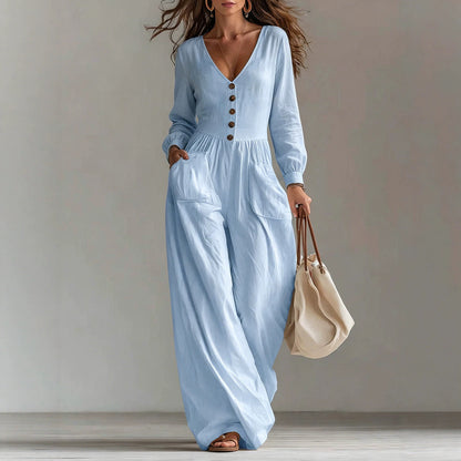 Women's V-Neck Button Front Wide Leg Long Sleeve Jumpsuit