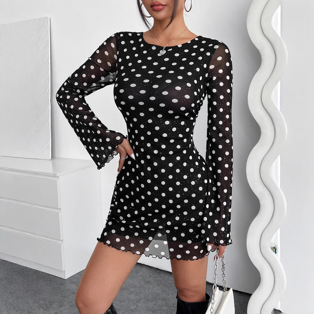 Elegant Mesh Polka Dot Backless Long Sleeve Dress